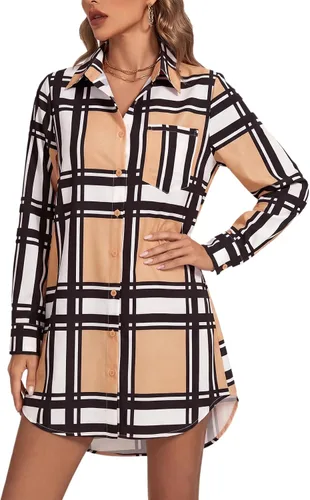 Miniatura 27 de LYANER Vestido camisero para mujer con cuello en V, botones, manga larga y dobladillo curvado