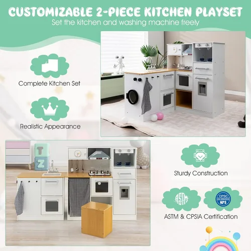 Miniatura 2 de Costzon Cocina de Juego de Esquina de 2 Piezas, Cocina de Juego de Madera con Lavadora, Luz y Sonido Realistas, Cafetera, Estufa y Accesorios