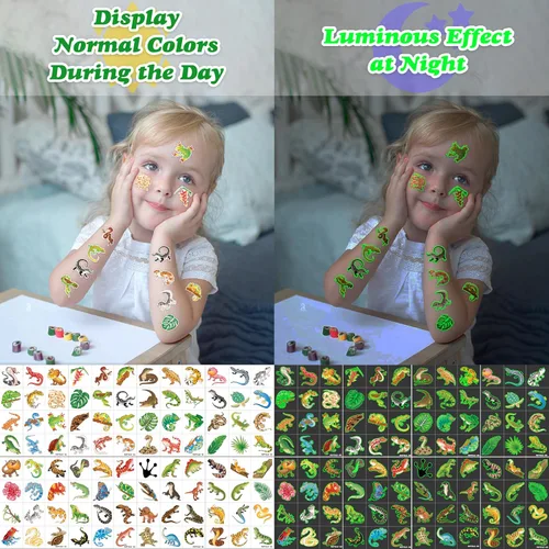 Miniatura 7 de 96 tatuajes temporales luminosos precortados con diseño de lagarto de selva de animales reptiles que brillan en la oscuridad para niños Tatuajes