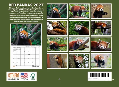 Miniatura 2 de Calendario mensual de pared 2025 con panda rojo, 12 meses Pandas rojos