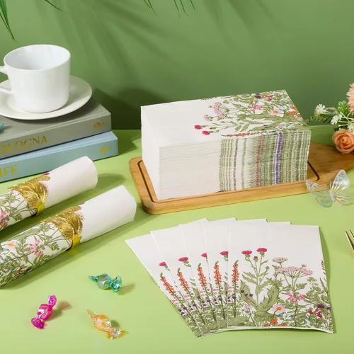Miniatura 6 de 100 servilletas de papel de flores silvestres desechables florales de 3 capas, servilletas vintage botánicas de hojas verdes, hierbas, toalla