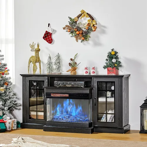 Miniatura 7 de LUXOAK Soporte de TV para Chimenea con Chimenea Eléctrica de Vidrio de 3 Lados, Centro de Entretenimiento Multimedia de 59" con Gabinete de Negro