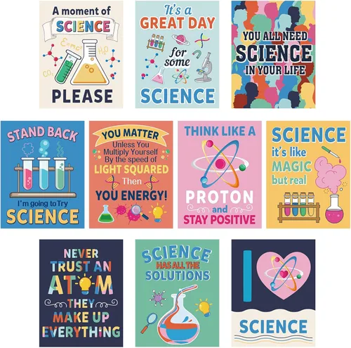 Zonon Juego de 10 carteles de decoración de aula de ciencias para profesores, científicos, tablón de anuncios, pósteres de laboratorio de ciencias