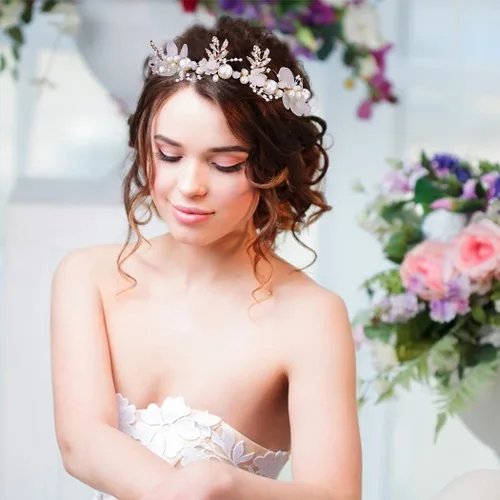 Miniatura 3 de Didder Tiara de flores para niñas y mujeres – Diadema diadema corona con perlas de cristal – Accesorios para el cabello de boda para novia Blanco