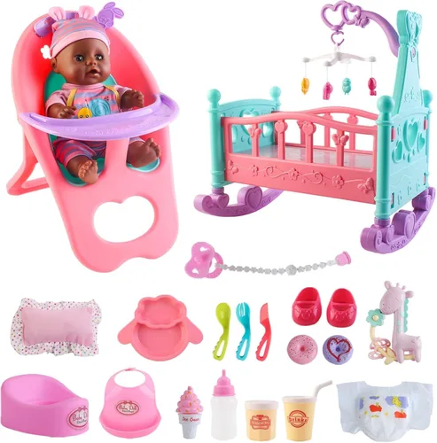 Miniatura 8 de deAO Juego de Muñecas de Bebé de 12" con Cuna, Móvil, Silla Alta, Accesorios de Alimentación, Muñecas Interactivas para Niñas, Juego de Simulación