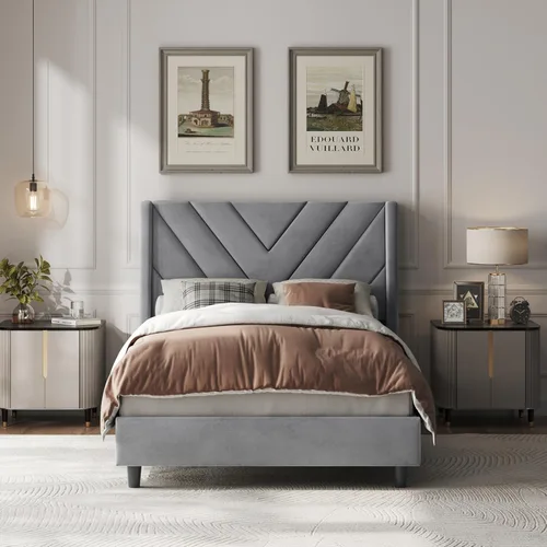 Miniatura 13 de Yaheetech Base de cama tamaño Queen con plataforma tapizada con cabecera con lados en forma de ala/soporte de listones de madera/cabecera tapizada