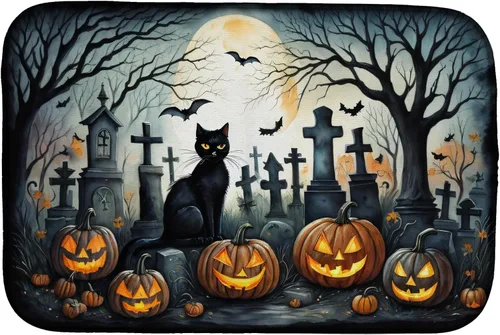 Caroline's Treasures DAC2223DDM Tapete de secado de platos de Halloween espeluznante de gato negro, tapete absorbente para secado de platos para