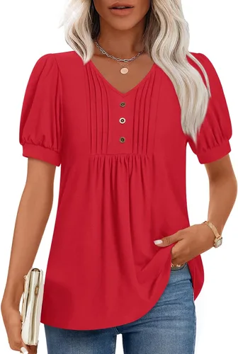 Findsweet Blusas de túnica de verano para mujer, tops casuales y elegantes, manga corta, M-3XL