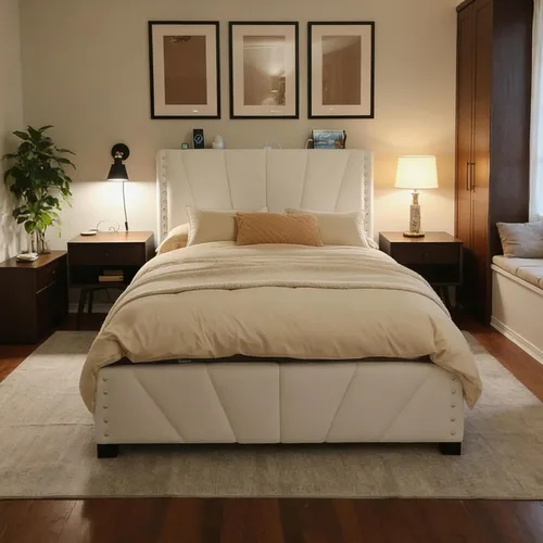 Miniatura 21 de EnHomee Base de cama de plataforma individual con cabecera ajustable tapizada de terciopelo, luces LED y estación de carga para dormitorio, Beige