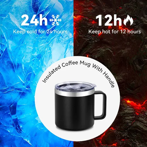 Miniatura 5 de VEGOND Taza de café aislada de 14 onzas con asa, taza de café de viaje de acero inoxidable con tapa, taza de café de metal al vacío de doble pared