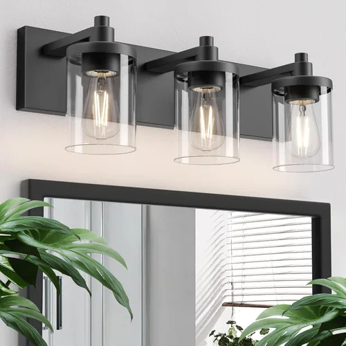 Miniatura 16 de Juego de 2 apliques de pared, diseño cuadrado, accesorios de iluminación de baño con pantalla de vidrio transparente, luces de pared negras mate