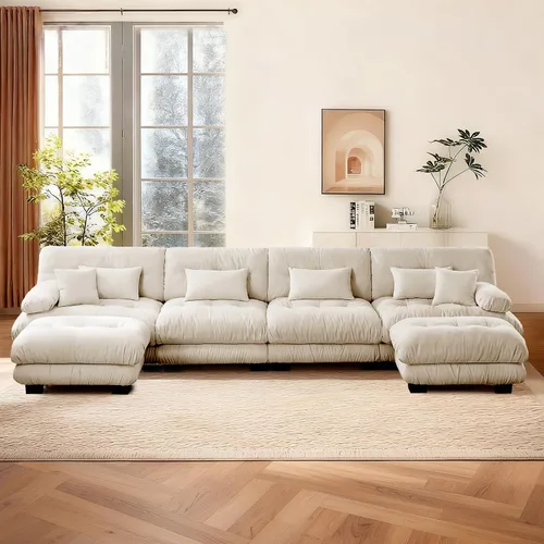 Miniatura 34 de Reposapiés Otomano Tapizado de Terciopelo con Cojín para Sofá Seccional Sofá 300 libras para Sala de Estar (Beige)
