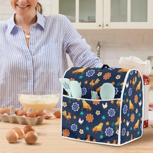 Miniatura 4 de Cubierta para batidora de pie a prueba de polvo con dibujos animados de pollo y flores para el hogar, cocina, decoración con mango y bolsillo