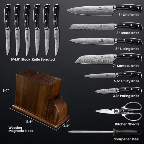 Miniatura 7 de Juego de cuchillos magnéticos de 15 piezas para cocina con bloque, juego de cuchillos de cocina hechos de acero inoxidable alemán de alto carbono