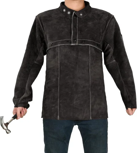 Miniatura 2 de LeaSeek Chaqueta de Soldadura de Cuero - Delantal de Soldadura de Servicio Pesado con Manga, Cuero de Vaca Resistente al Calor y al Fuego