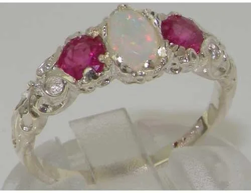 Miniatura 5 de Anillo de plata de ley 925 auténtico ópalo y rubí para mujer