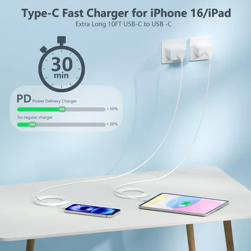 Miniatura 3 de Cargador de carga rápida de 10 pies para iPhone 17, 16, 15, cable largo USB C a C con bloque de carga rápida de teléfono tipo C de 20 W para iPhone