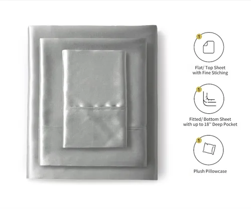 Miniatura 2 de Lanest Housing Sábanas de satén de seda, tamaño individual XL, juego de sábanas de satén con bolsillos profundos, sábanas de satén suaves e Gris