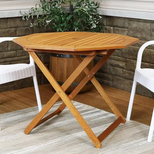 Miniatura 6 de Sunnydaze Meranti - Mesa plegable de madera para exteriores con agujero para sombrilla - Mesa de patio plegable para comedor y reuniones - Acabado