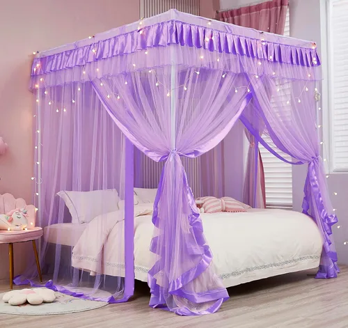 Miniatura 4 de Mengersi Cortinas de cama con dosel tamaño Queen – Cortinas de dosel de cama – Toldo de 4 aperturas para cama – Lindo regalo de decoración de Morado