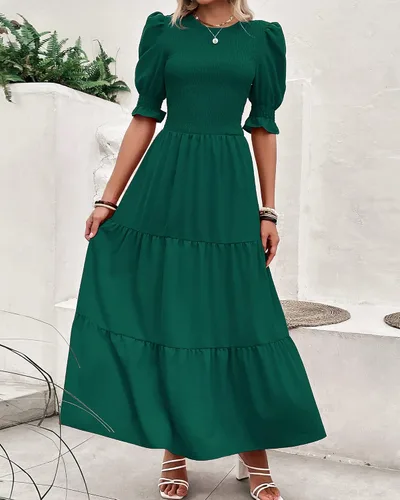 Miniatura 155 de BTFBM Vestidos para mujer, cuello redondo, casual, de verano, con volantes, manga corta, bohemio, con niveles, fruncido, largo, con estampado floral