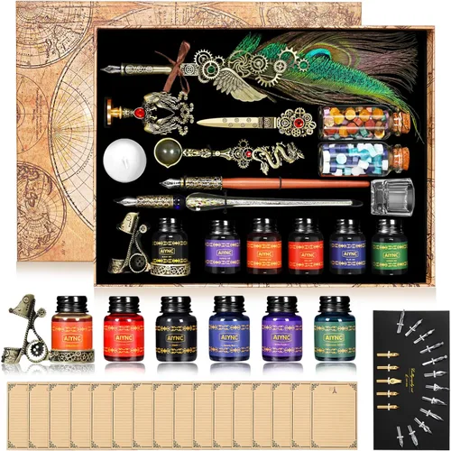 Miniatura 10 de Juego de pluma estilográfica y tinta, con pluma estilográfica, pluma de madera, pluma de vidrio, 6 botellas de tinta, papel de 16 letras, 2 sobres