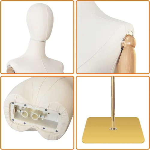 Miniatura 2 de Maniquí Cuerpo Vestido Femenino Forma Lino Tela Manikin Torso con Cabeza Desmontable Altura Ajustable Soporte de Metal, Dos Manos de Madera