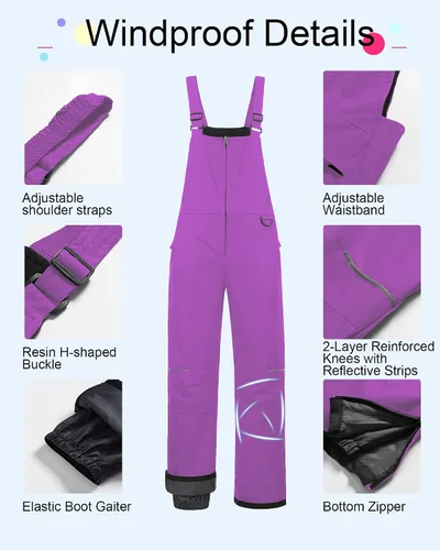 Miniatura 5 de CREATMO US Baberos de nieve para niñas, pantalones de esquí impermeables con aislamiento para invierno