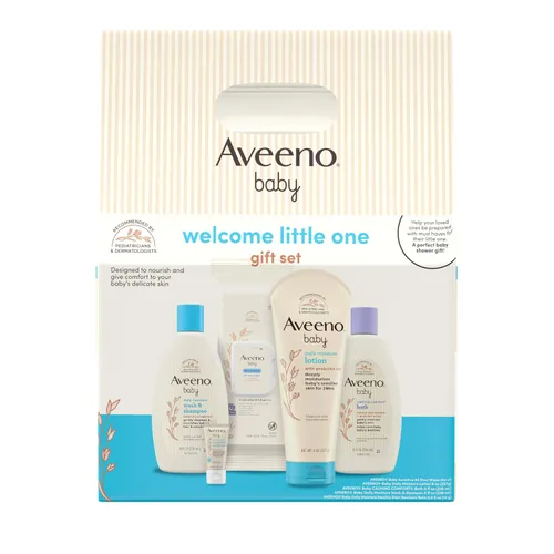 Aveeno Baby Welcome Little One - Set de regalo para el cuidado de la piel con gel corporal nutritivo y champú, lavado de baño relajante, toallitas