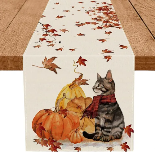 Miniatura 6 de GAGEC Camino de mesa de otoño, calabazas, gato, hoja de arce, cosecha de otoño, decoración de Acción de Gracias de temporada para el hogar, cocina