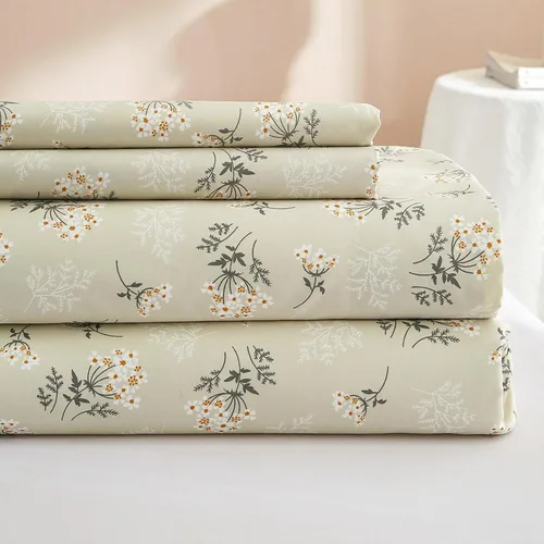 HighBuy Juego de 3 sábanas para cama de tamaño individual, diseño beige floral ultra suave con bolsillo profundo de 16 pulgadas - Juego de sábanas y
