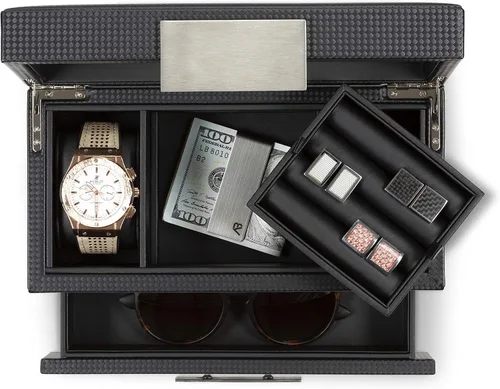 Miniatura 2 de Glenor Co Valet - Caja de reloj de joyería para hombres organizador moderno de textura de fibra de carbono con parte superior de cristal cajón