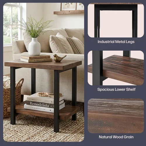 Miniatura 4 de Alaterre Furniture Pomona - Mesa auxiliar de madera maciza de 2 niveles con acabado natural y patas de metal, decoración moderna de granja