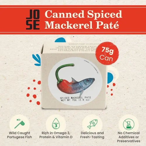 Miniatura 3 de Paté de caballa especiada enlatada de Jose Gourmet, Caballa portuguesa capturada en la naturaleza, paté de pescado enlatado, Omega 3, comercio