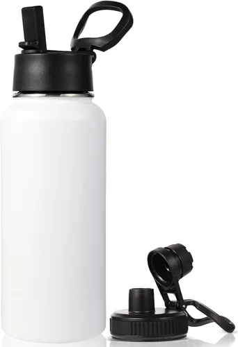 Miniatura 40 de Neihepal Botella de agua aislada de 32 onzas con 2 tapas (tapa con pajilla y boquilla), botellas de agua de doble pared de acero inoxidable 18/8