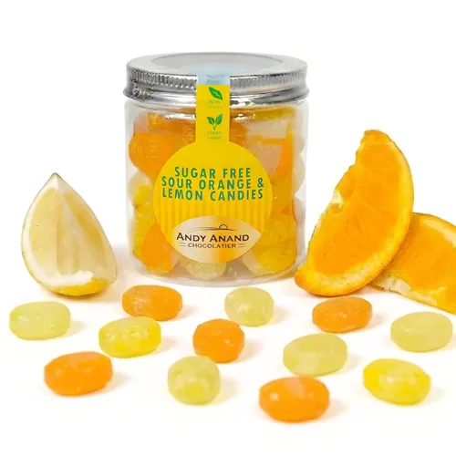 Andy Anand Chocolatier Caramelo duro sin azúcar, sabores mezclados de naranja y limón, fabricado en Italia, envuelto individualmente, sin gluten,