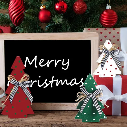 Miniatura 5 de Yookeer Decoración navideña de 3 piezas, mesa de madera rústica, árbol de Navidad, centro de mesa de Navidad de madera para mesa pequeña, árboles