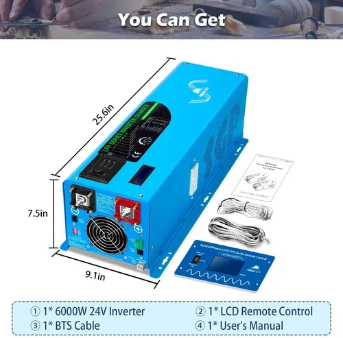 Miniatura 6 de SUNGOLDPOWER - Cargador inversor de 6000 W, entrada de 24 V CC y 240 VCA, salida de CA de 120 V/240 V de fase dividida, baja frecuencia, pico