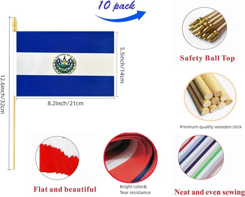 Miniatura 2 de Paquete de 10 banderas de El Salvador – Bandera de mano – 5 x 8 pulgadas, Mini bandera de El Salvador. Adecuado para decoraciones de fiestas