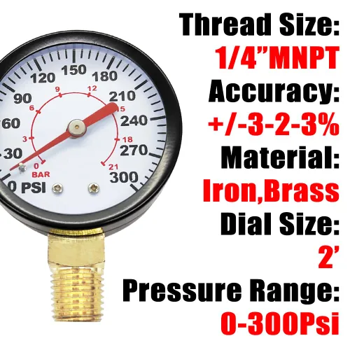 Miniatura 2 de 1/4" NPT Medidor de presión de acero de 300 psi, económico, con escala de 2" y montaje inferior, con interior de latón