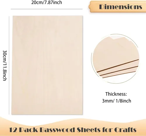 Miniatura 2 de AWIZOM Paquete de 12 hojas de tilo para manualidades - 12 x 8 x 1/8 pulgadas - 3mm de espesor, hojas de madera contrachapada con superficies lisas