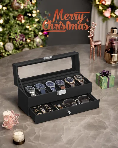 Miniatura 10 de SONGMICS UJWB012 - Caja de reloj de 12 ranuras, caja de reloj con cerradura con tapa de vidrio, 2 capas, con 1 cajón para anillos, pulseras, idea