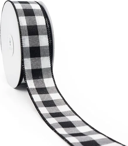 Cinta con alambre de búfalo de Cambridge a cuadros de 1.5 pulgadas x 20 yardas, color blanco y negro para decoración del hogar, decoración del