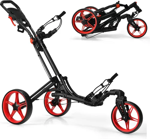 Miniatura 10 de GYMAX Carrito de golf plegable con rueda delantera giratoria, carrito de golf ajustable de 3 ruedas, carrito de golf compacto fácil de plegar