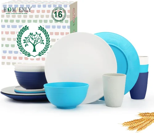 Miniatura 27 de Homienly Juegos de Vajilla Premium de Paja de Trigo, Platos y Tazones Ligeros e Irrompibles, Tazas, Servicio para 4, Apto para Lavavajillas