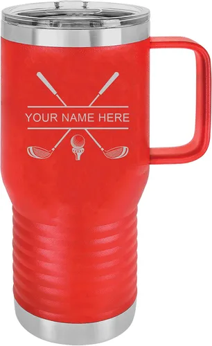 Miniatura 3 de Vaso aislado de acero inoxidable de doble pared con grabado personalizado para palos de golf y golfista, taza de café de viaje de 20 onzas, asa