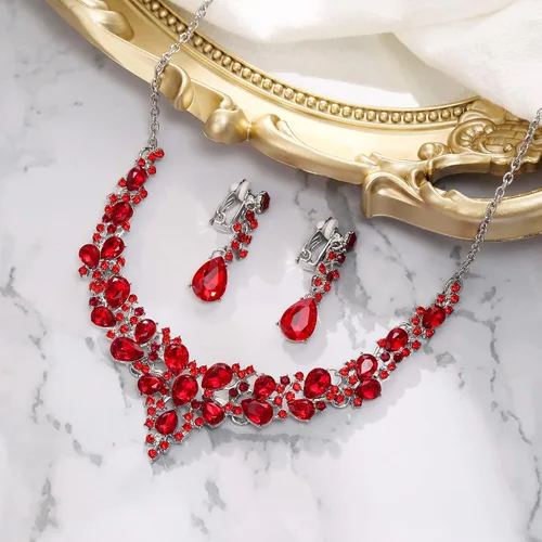 Miniatura 4 de BriLove Alloy Crystal Teardrop Cluster Statement Necklace Clip-on Earrings Set
