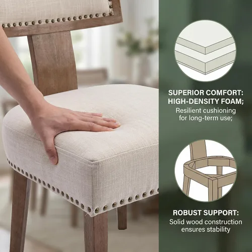 Miniatura 4 de VESCASA Sillas de comedor tapizadas de lino con patas de madera natural, modernas sillas de comedor acolchadas con ribete de cabeza de clavo