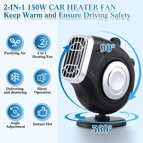 Miniatura 7 de Tujoe 3 Piezas 12 V 150 W Calentador de Coche que se Conecta al Encendedor de Cigarrillos 2 en 1 Calentador de Coche Portátil y Desempañador
