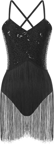 Miniatura 5 de Xnihocha Body de mujer con tirantes delgados y lentejuelas brillantes y flecos, para bailarín latino de jazz, ballet, bailarina latina